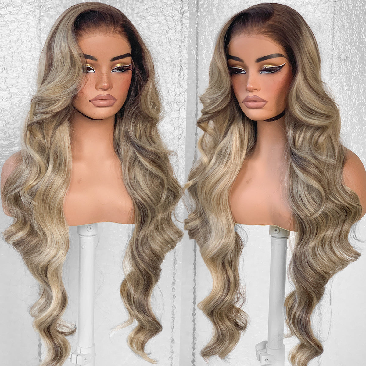 LOVSOUL Brown With Honey Highlight Glueless Wear And Go Pre-Plucked Ombre Highlight Synthetic 13x6 Layered Voluminous Long Body Wave HD Lace Frontal Wig No Glue 32inch