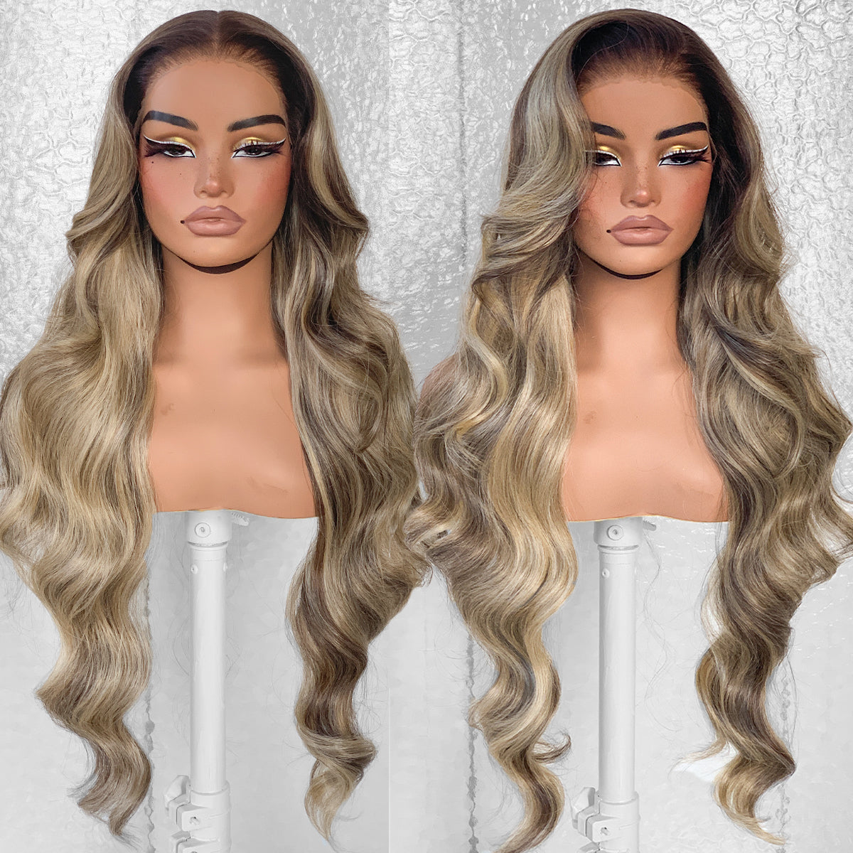 LOVSOUL Brown With Honey Highlight Glueless Wear And Go Pre-Plucked Ombre Highlight Synthetic 13x6 Layered Voluminous Long Body Wave HD Lace Frontal Wig No Glue 32inch