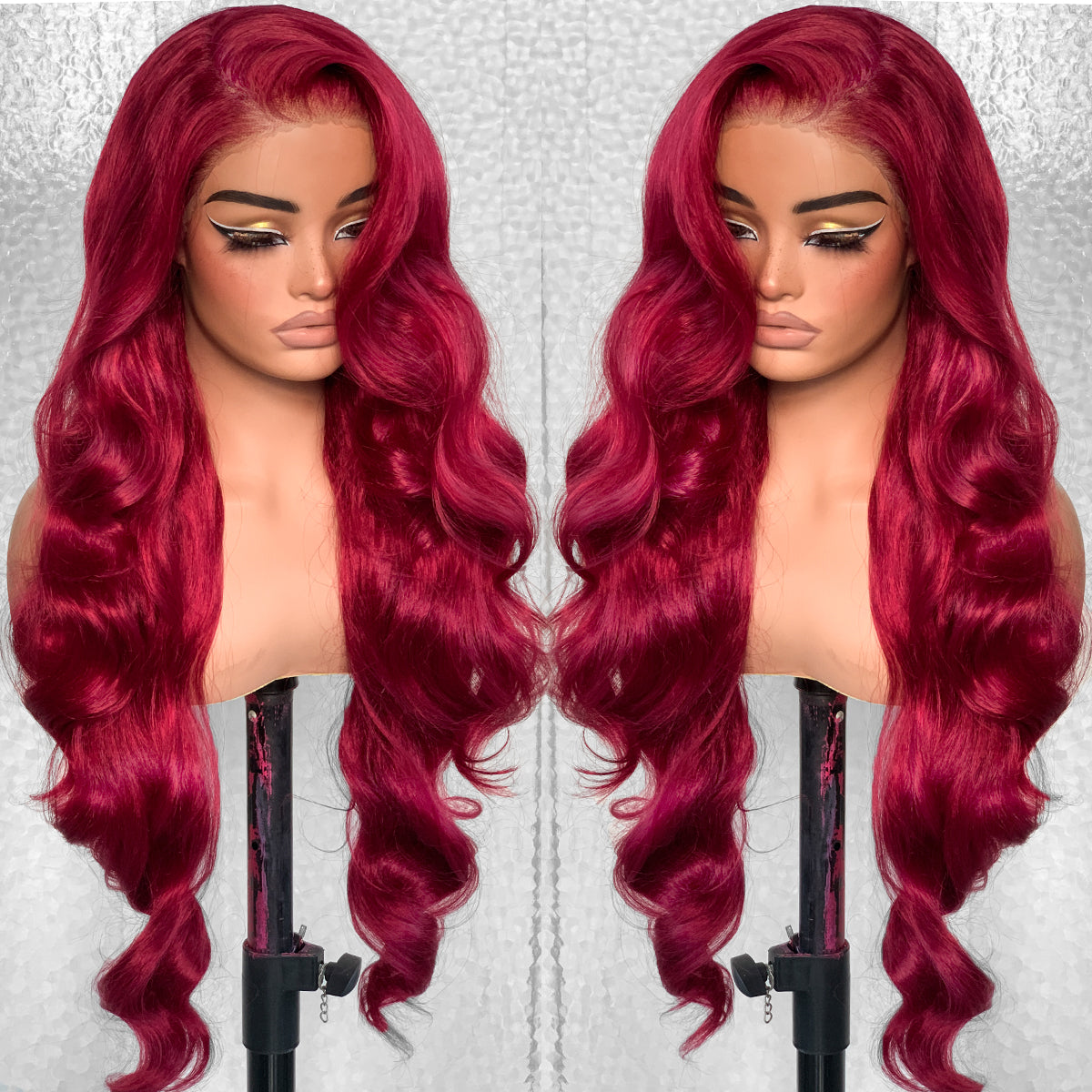 LOVSOUL Burgundy 99j Glueless Wear And Go Synthetic 13x6 Layered Voluminous Long Body Wave HD Lace Frontal Wig Pre-Plucked No Glue Cosplay For Black Women Red 32inch