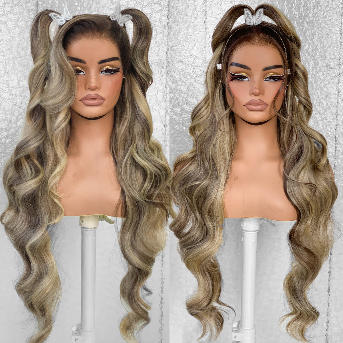 LOVSOUL Brown With Honey Highlight Glueless Wear And Go Pre-Plucked Ombre Highlight Synthetic 13x6 Layered Voluminous Long Body Wave HD Lace Frontal Wig No Glue 32inch