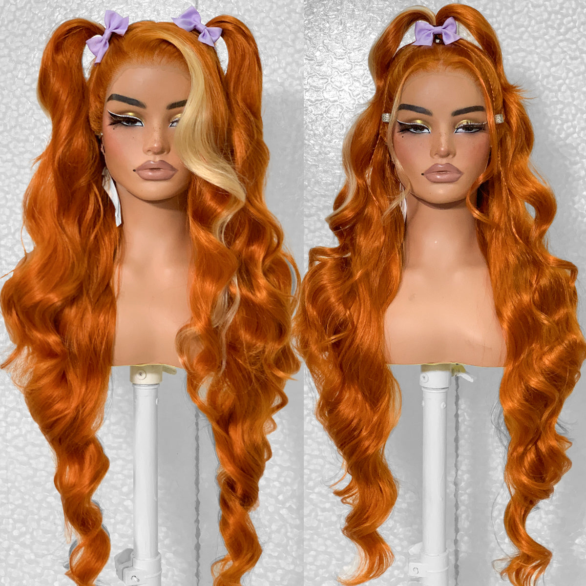 LOVSOUL Ginger Wig With Skunk Stripe Glueless Wear And Go Pre-Plucked Synthetic 13x6 Layered Voluminous Long Body Wave HD Lace Frontal Wig No Glue Beginners Friendly 32inch