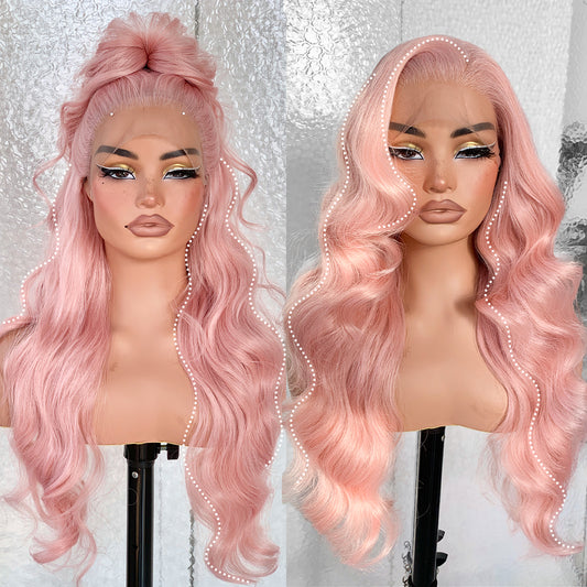 LOVSOUL 13x6 Pink HD Glueless Body Wave Lace Frontal Wigs Pre-Plucked Similar Human Hair 200 Density Synthetic Pastel Pink Wig for Black Woman Ready to Wear