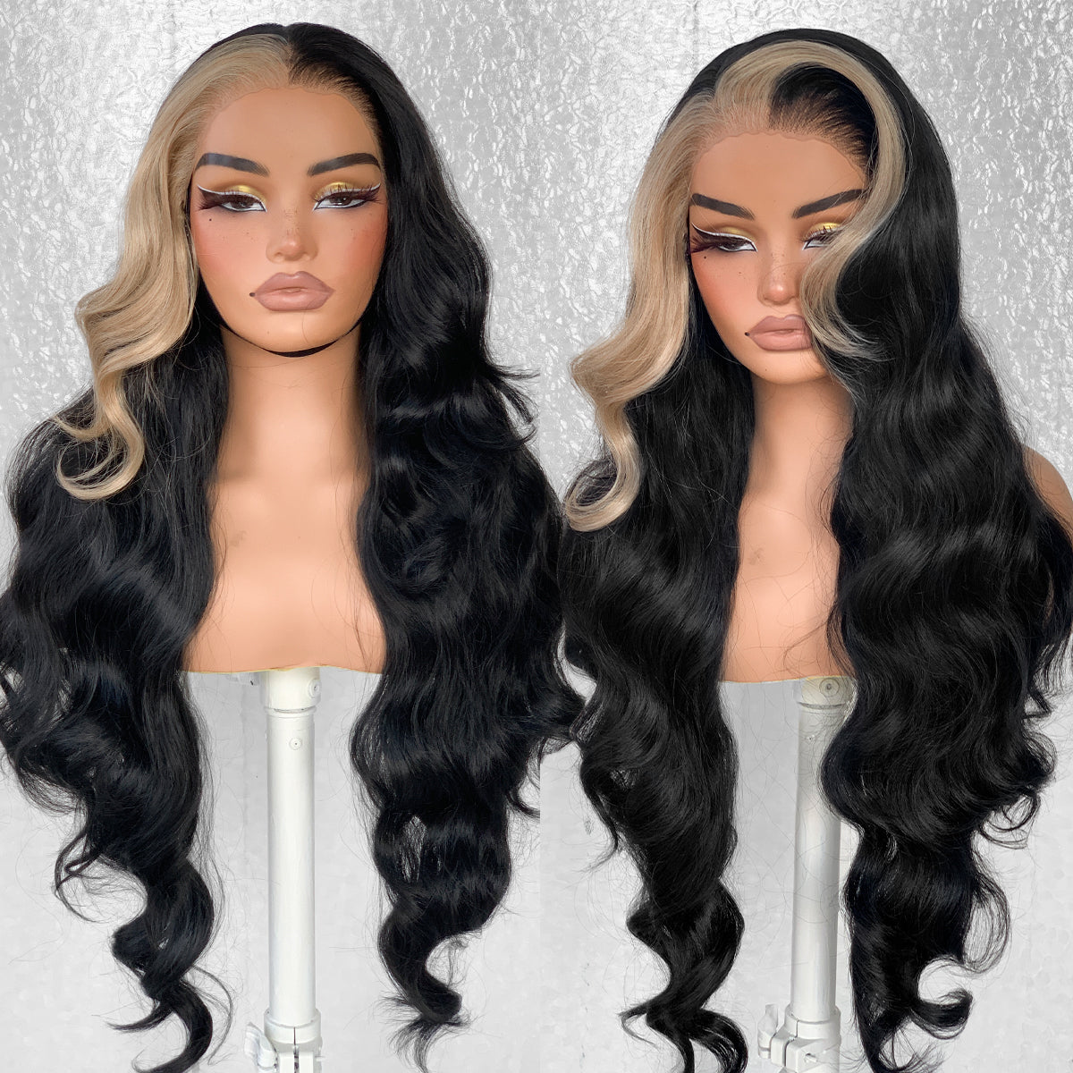 LOVSOUL Skunk Stripe Glueless HD Lace Wear And Go Per-Cut Synthetic 13x6 Layered Voluminous Long Body Wave Lace Frontal Wig Pre-Plucked No Glue 32inch