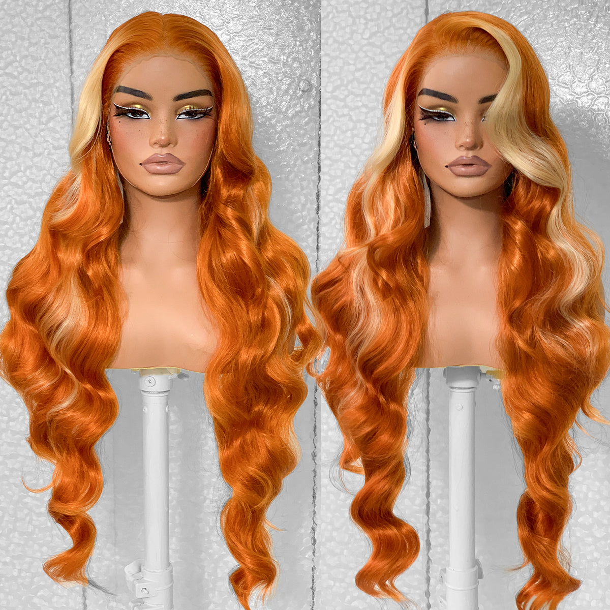LOVSOUL Ginger Wig With Skunk Stripe Glueless Wear And Go Pre-Plucked Synthetic 13x6 Layered Voluminous Long Body Wave HD Lace Frontal Wig No Glue Beginners Friendly 32inch
