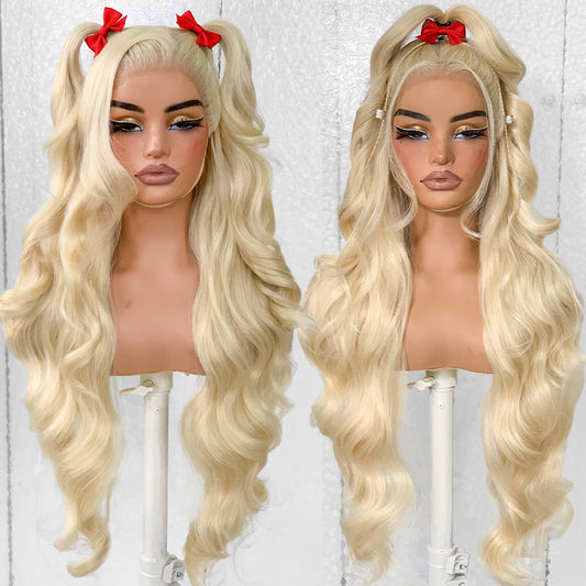 LOVSOUL Blonde 613 Glueless HD Lace Wear And Go Synthetic 13x6 Layered Voluminous Long Body Wave Lace Frontal Wig Pre-Plucked No Glue Cosplay For Black Women 32inch