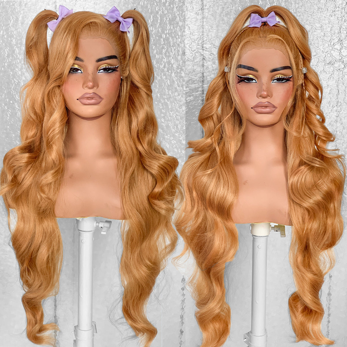 LOVSOUL Honey Blonde Glueless Wear And Go Synthetic 13x6 Layered Voluminous Long Body Wave HD Lace Frontal Wig Pre-Plucked No Glue Beginners Friendly #27 32inch