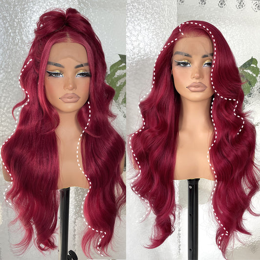 LOVSOUL 13x6 HD Glueless Lace Frontal Wigs Pre-Plucked, 200 Density 99j Burgundy Similar Human Hair Synthetic Long Body Wave Lace Front Wig Ready to Wear, 26inch #Burgundy