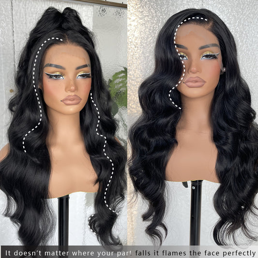 LOVSOUL 13x6 HD Glueless Lace Frontal Wigs Pre-Plucked, 200 Density Natural Black Similar Human Hair Synthetic Long Body Wave Lace Front Wig Ready to Wear, 26inch #1B