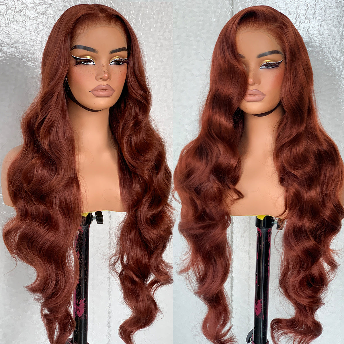 LOVSOUL Reddish Brown Glueless Wear And Go Synthetic 13x6 Layered Voluminous Long Body Wave HD Lace Frontal Wig Pre-Plucked No Glue Beginners Friendly 32inch