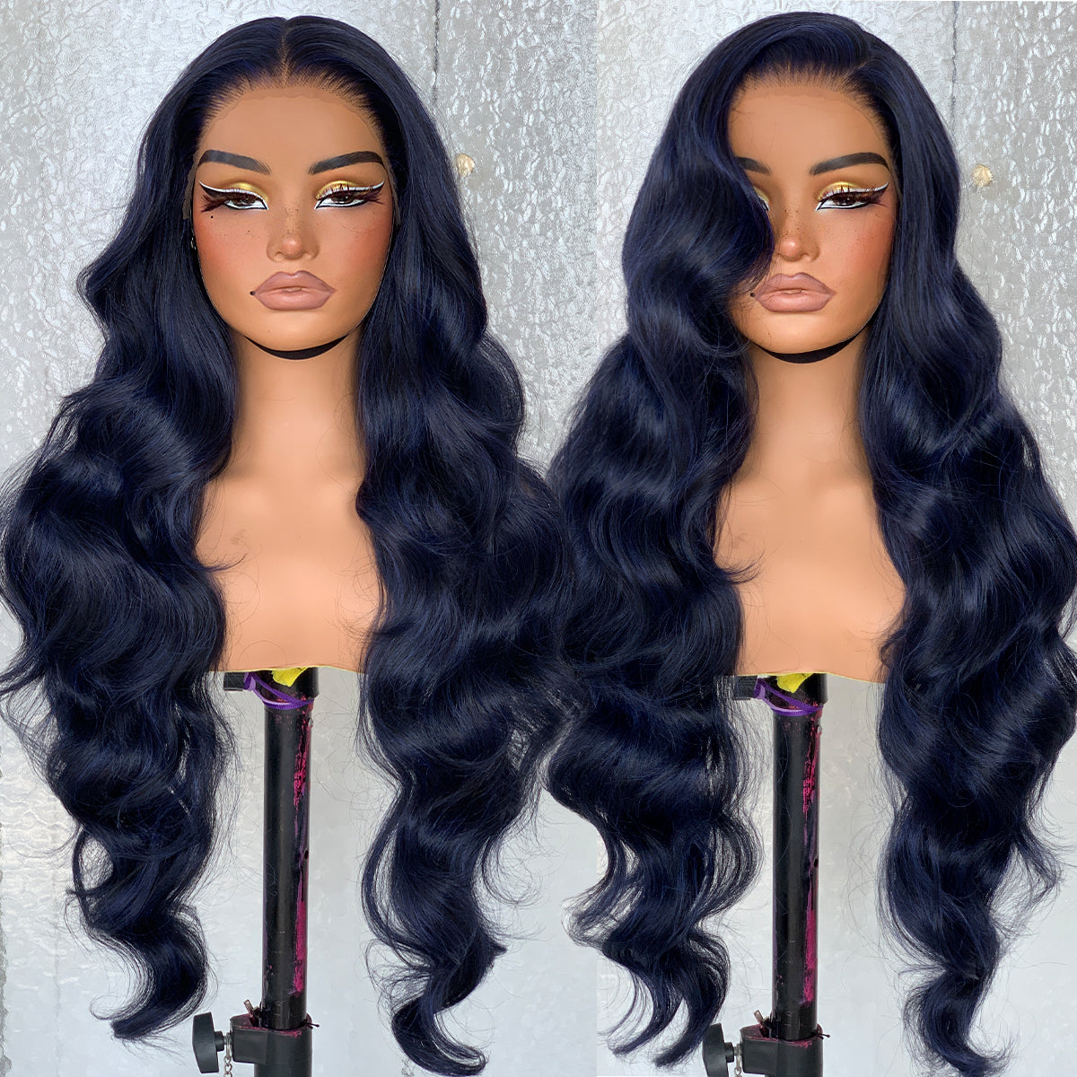 LOVSOUL Dark Blue Glueless Wear And Go HD Lace Frontal Wig Synthetic 13x6 Layered Long Body Wave Lace Front Wig Pre-Plucked No Glue Cosplay For Black Women 32inch