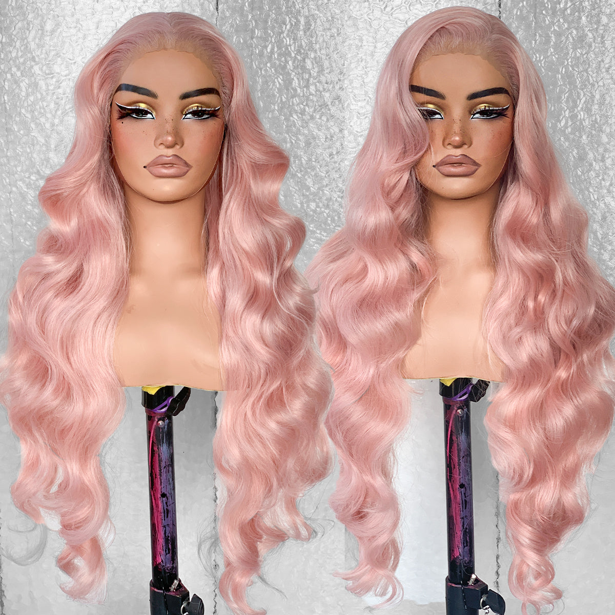 LOVSOUL Pink Glueless Wear And Go Synthetic 13x6 Layered Voluminous Long Body Wave HD Lace Frontal Wig Pre-Plucked No Glue Cosplay Beginners Friendly Pestel Pink 32inch