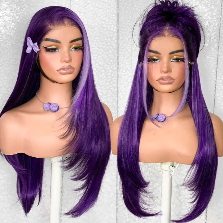 13x6 Glueless HD Lace Wear And Go Synthetic Pre-Plucked Pre-Layered Pre-Cut No Glue Layered Straight Frames Face Nice Lace Front Wig For Black Women Beginners Friendly #26inch Halloween Purple