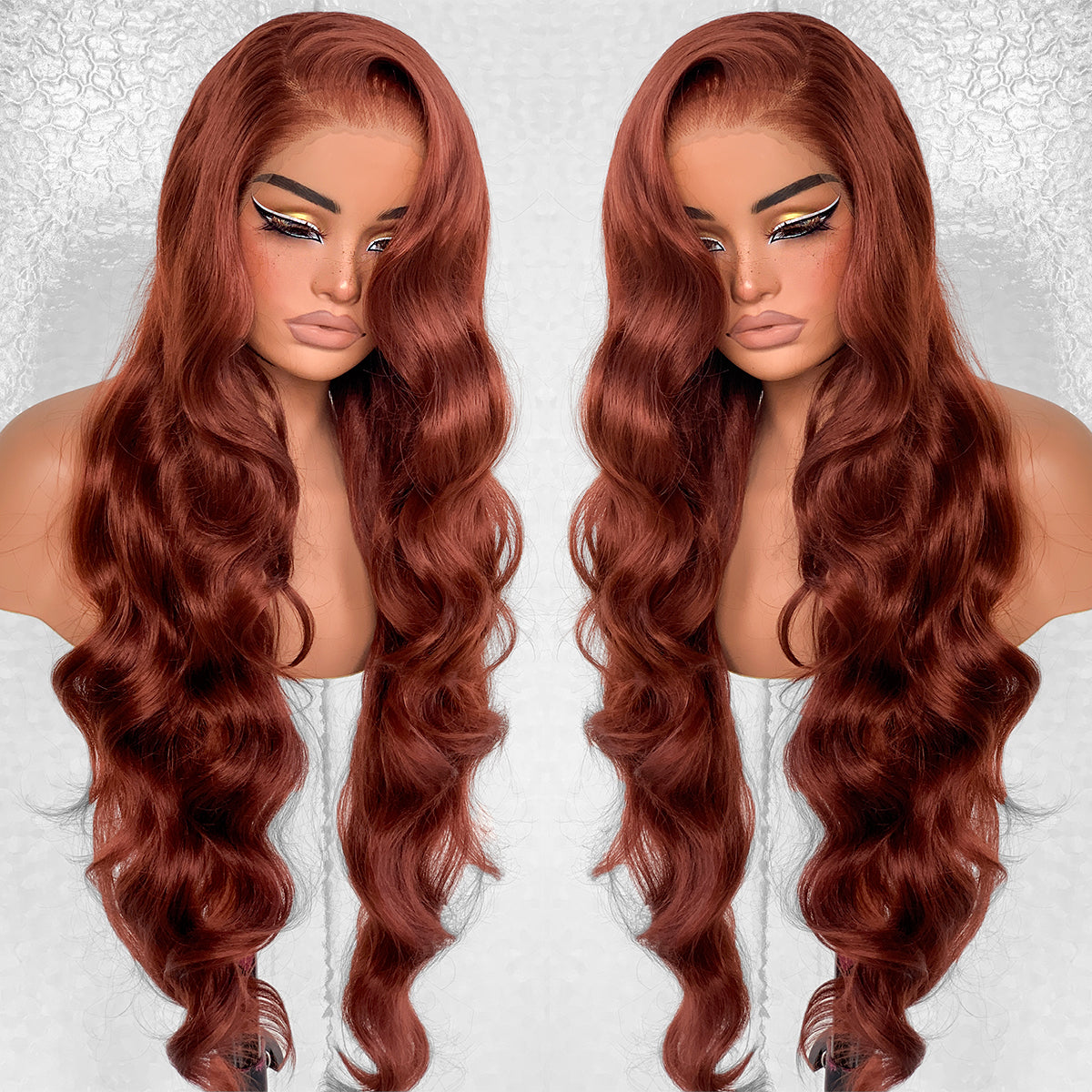 LOVSOUL Reddish Brown Glueless Wear And Go Synthetic 13x6 Layered Voluminous Long Body Wave HD Lace Frontal Wig Pre-Plucked No Glue Beginners Friendly 32inch