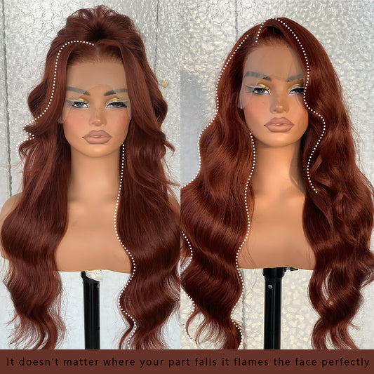 LOVSOUL 13x6 HD Glueless Lace Frontal Wig Pre-Plucked 200 Density Reddish Brown Similar Human Hair Synthetic Long Body Wave Lace Front Wig Ready to Wear 26inch#33b Reddish Brown