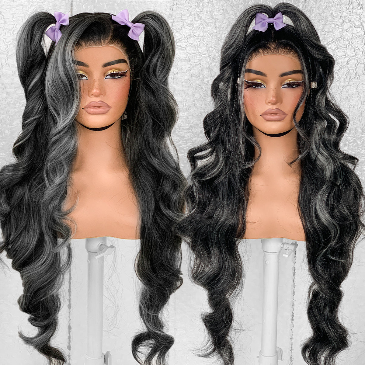 LOVSOUL Highlight Glueless Wear And Go Pre-Plucked Black And White Skunk Stripe Synthetic 13x6 Layered Voluminous Long Body Wave HD Lace Frontal Wig No Glue 32inch