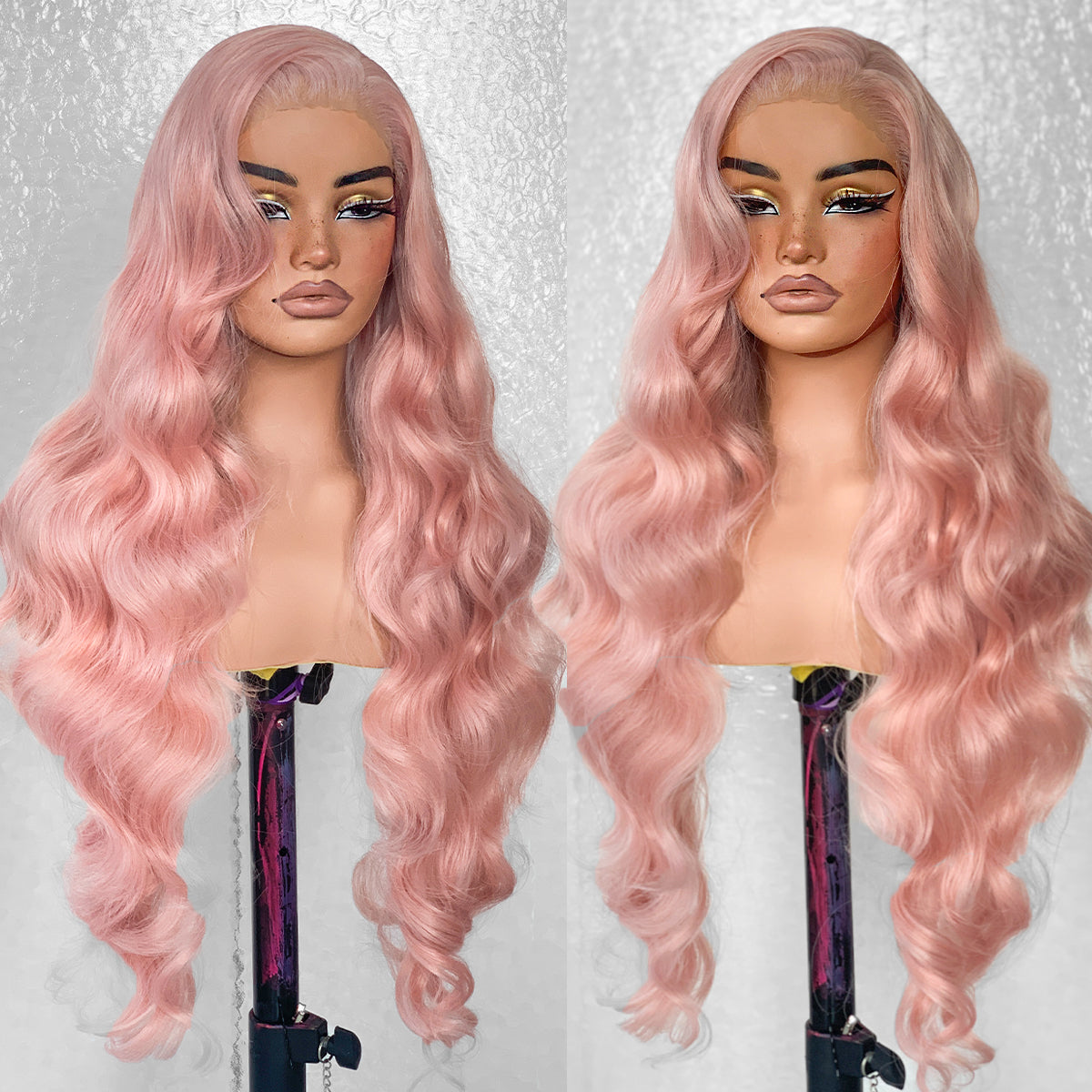 LOVSOUL Pink Glueless Wear And Go Synthetic 13x6 Layered Voluminous Long Body Wave HD Lace Frontal Wig Pre-Plucked No Glue Cosplay Beginners Friendly Pestel Pink 32inch