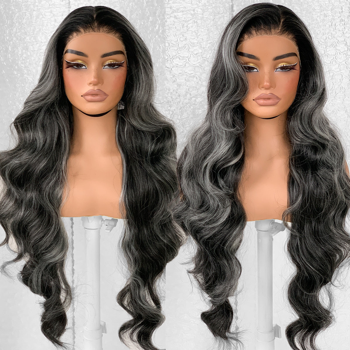 LOVSOUL Highlight Glueless Wear And Go Pre-Plucked Black And White Skunk Stripe Synthetic 13x6 Layered Voluminous Long Body Wave HD Lace Frontal Wig No Glue 32inch