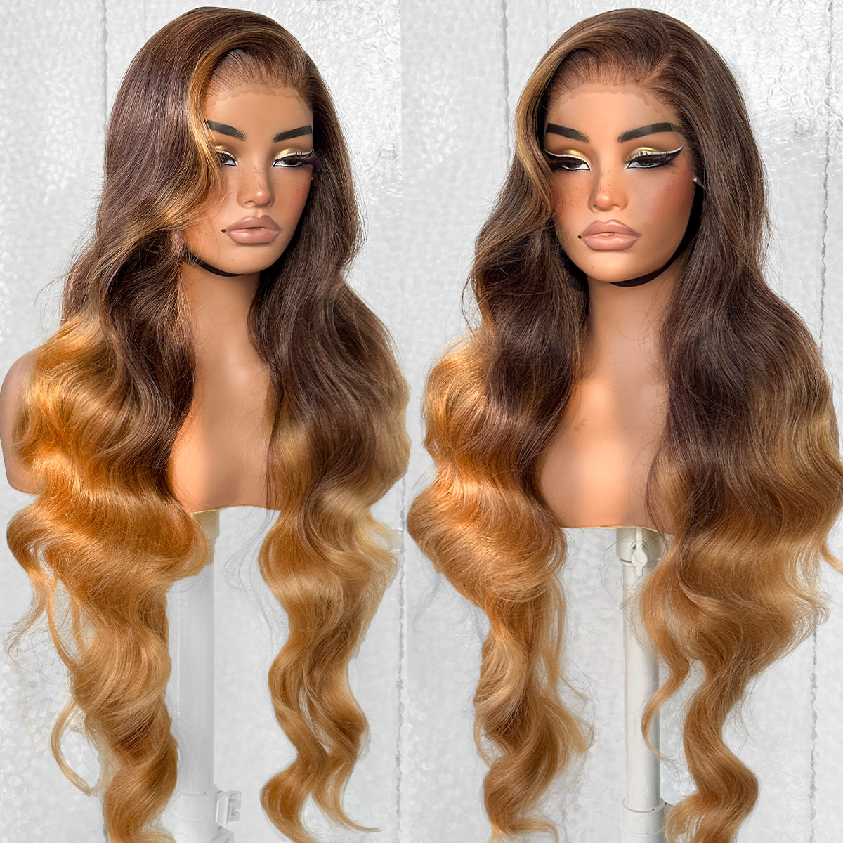 LOVSOUL Ombre Honey Blonde Glueless Wear And Go Synthetic 13x6 Layered Voluminous Long Body Wave HD Lace Frontal Wig Pre-Plucked No Glue Beginners Friendly 32inch