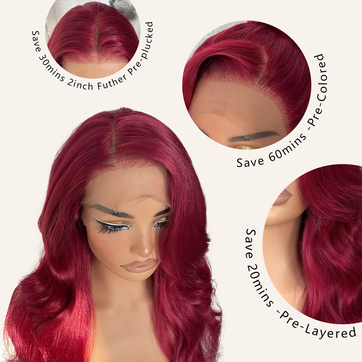 LOVSOUL 13x6 HD Glueless Lace Frontal Wigs Pre-Plucked, 200 Density 99j Burgundy Similar Human Hair Synthetic Long Body Wave Lace Front Wig Ready to Wear, 26inch #Burgundy