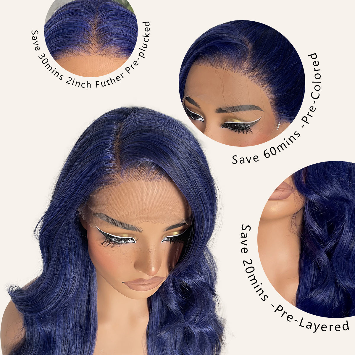 LOVSOUL 13x6 HD Glueless Lace Frontal Wigs Pre-Plucked, 200 Density Dark Blue Similar Human Hair Synthetic Long Body Wave Lace Front Wig Ready to Wear, 26inch #Dark Blue