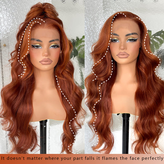 LOVSOUL 13x6 HD Glueless Lace Frontal Wigs Pre-Plucked, 200 Density Ginger Similar Human Hair Synthetic Long Body Wave Lace Front Wig Ready to Wear, 26inch #Ginger