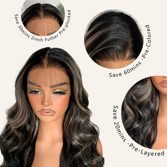 LOVSOUL 1B/27 Highlight 13x6 HD Body Wave Lace Frontal Wigs 26inch Pre-Plucked, Balayage Ombre Synthetic Lace Front Wig 200 Density, #1B/27 Colored For Black Women
