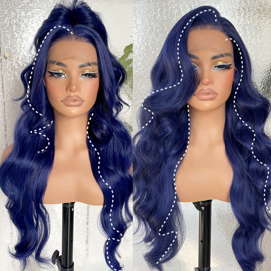 LOVSOUL 13x6 HD Glueless Lace Frontal Wigs Pre-Plucked, 200 Density Dark Blue Similar Human Hair Synthetic Long Body Wave Lace Front Wig Ready to Wear, 26inch #Dark Blue