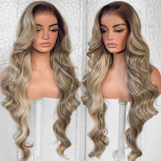 LOVSOUL Brown With Honey Highlight Glueless Wear And Go Pre-Plucked Ombre Highlight Synthetic 13x6 Layered Voluminous Long Body Wave HD Lace Frontal Wig No Glue 32inch