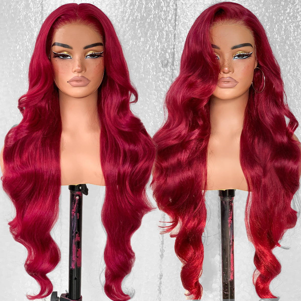 LOVSOUL Burgundy 99j Glueless Wear And Go Synthetic 13x6 Layered Voluminous Long Body Wave HD Lace Frontal Wig Pre-Plucked No Glue Cosplay For Black Women Red 32inch