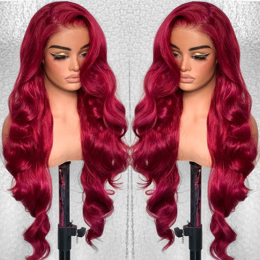 LOVSOUL Burgundy 99j Glueless Wear And Go Synthetic 13x6 Layered Voluminous Long Body Wave HD Lace Frontal Wig Pre-Plucked No Glue Cosplay For Black Women Red 32inch
