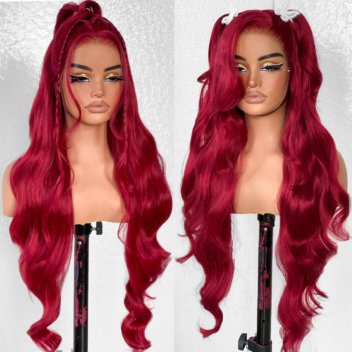 LOVSOUL Burgundy 99j Glueless Wear And Go Synthetic 13x6 Layered Voluminous Long Body Wave HD Lace Frontal Wig Pre-Plucked No Glue Cosplay For Black Women Red 32inch