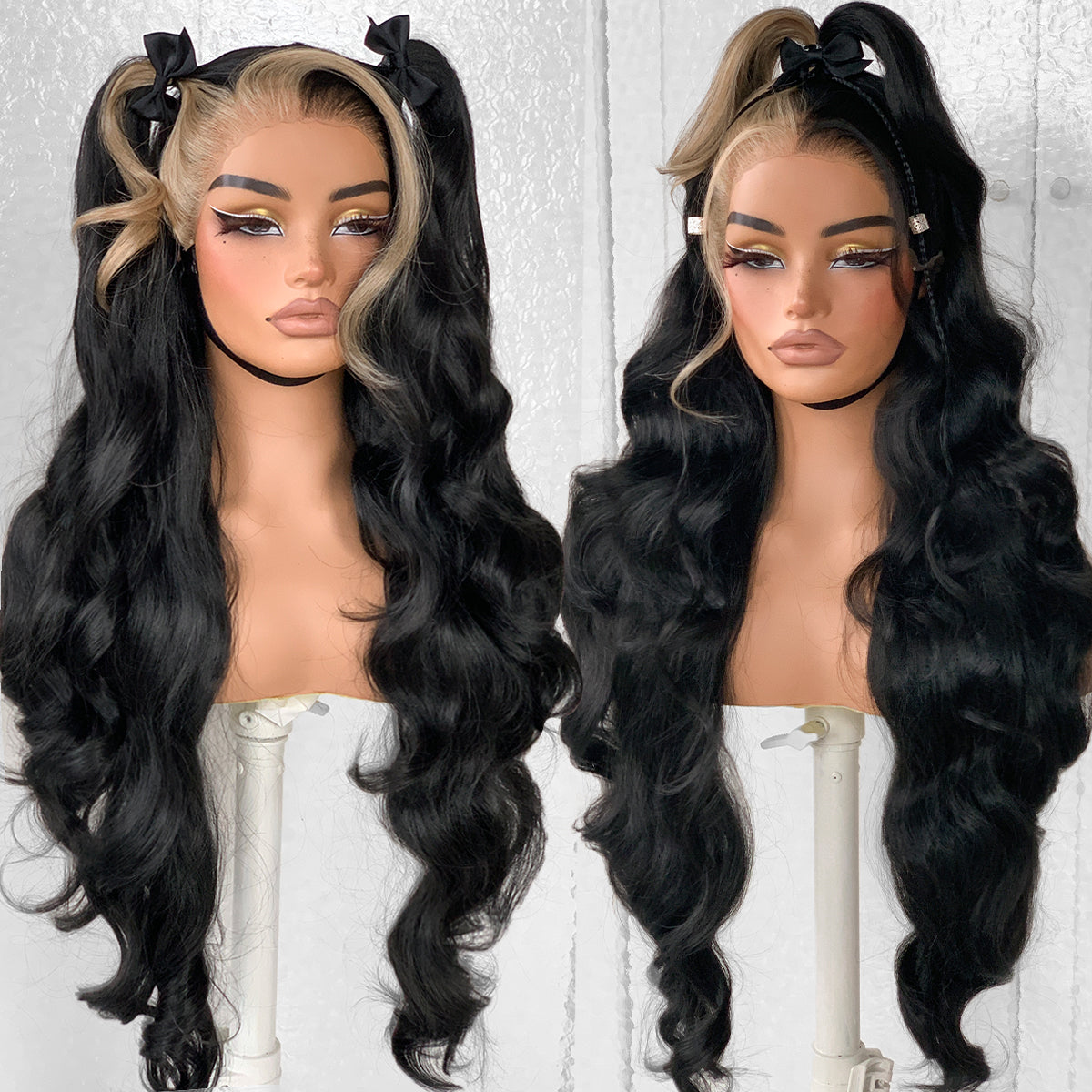 LOVSOUL Skunk Stripe Glueless HD Lace Wear And Go Per-Cut Synthetic 13x6 Layered Voluminous Long Body Wave Lace Frontal Wig Pre-Plucked No Glue 32inch