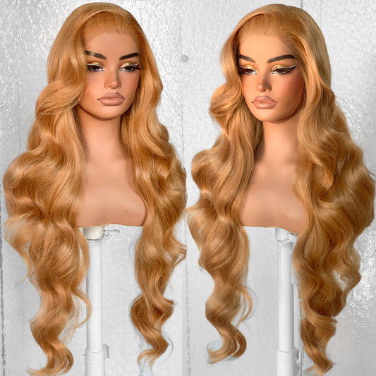 LOVSOUL Honey Blonde Glueless Wear And Go Synthetic 13x6 Layered Voluminous Long Body Wave HD Lace Frontal Wig Pre-Plucked No Glue Beginners Friendly #27 32inch