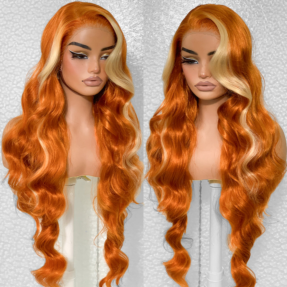 LOVSOUL Ginger Wig With Skunk Stripe Glueless Wear And Go Pre-Plucked Synthetic 13x6 Layered Voluminous Long Body Wave HD Lace Frontal Wig No Glue Beginners Friendly 32inch