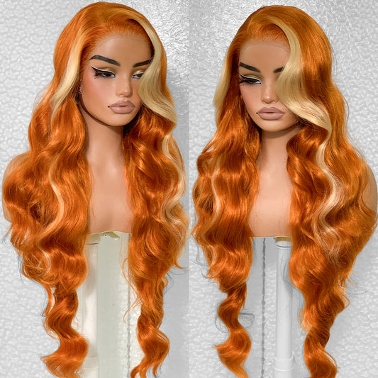 LOVSOUL Ginger Wig With Skunk Stripe Glueless Wear And Go Pre-Plucked Synthetic 13x6 Layered Voluminous Long Body Wave HD Lace Frontal Wig No Glue Beginners Friendly 32inch