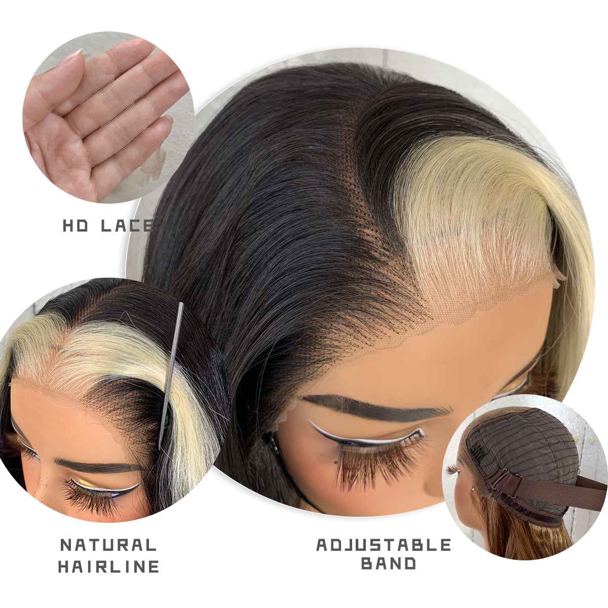 LOVSOUL Skunk Stripe Glueless Wear And Go Middle Skunk Stripe Per-Cut Synthetic 13x6 Layered Voluminous Long Body Wave HD Lace Frontal Wig Pre-Plucked No Glue 32inch