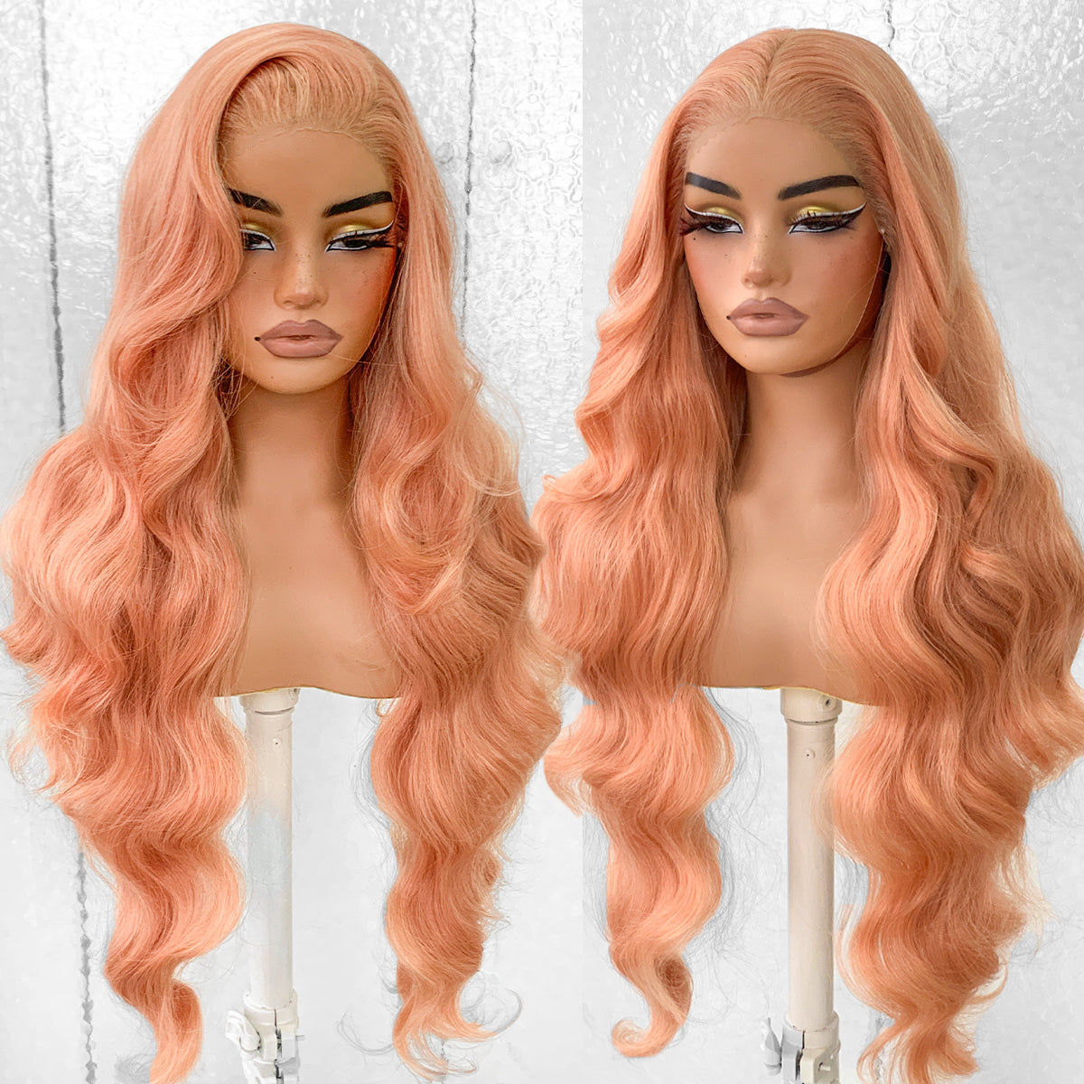 LOVSOUL Pink Blonde Wear And Go Pre-Plucked Rose Gold Synthetic 13x6 Layered Voluminous Long Body Wave HD Lace Frontal Wig No Glue 32inch