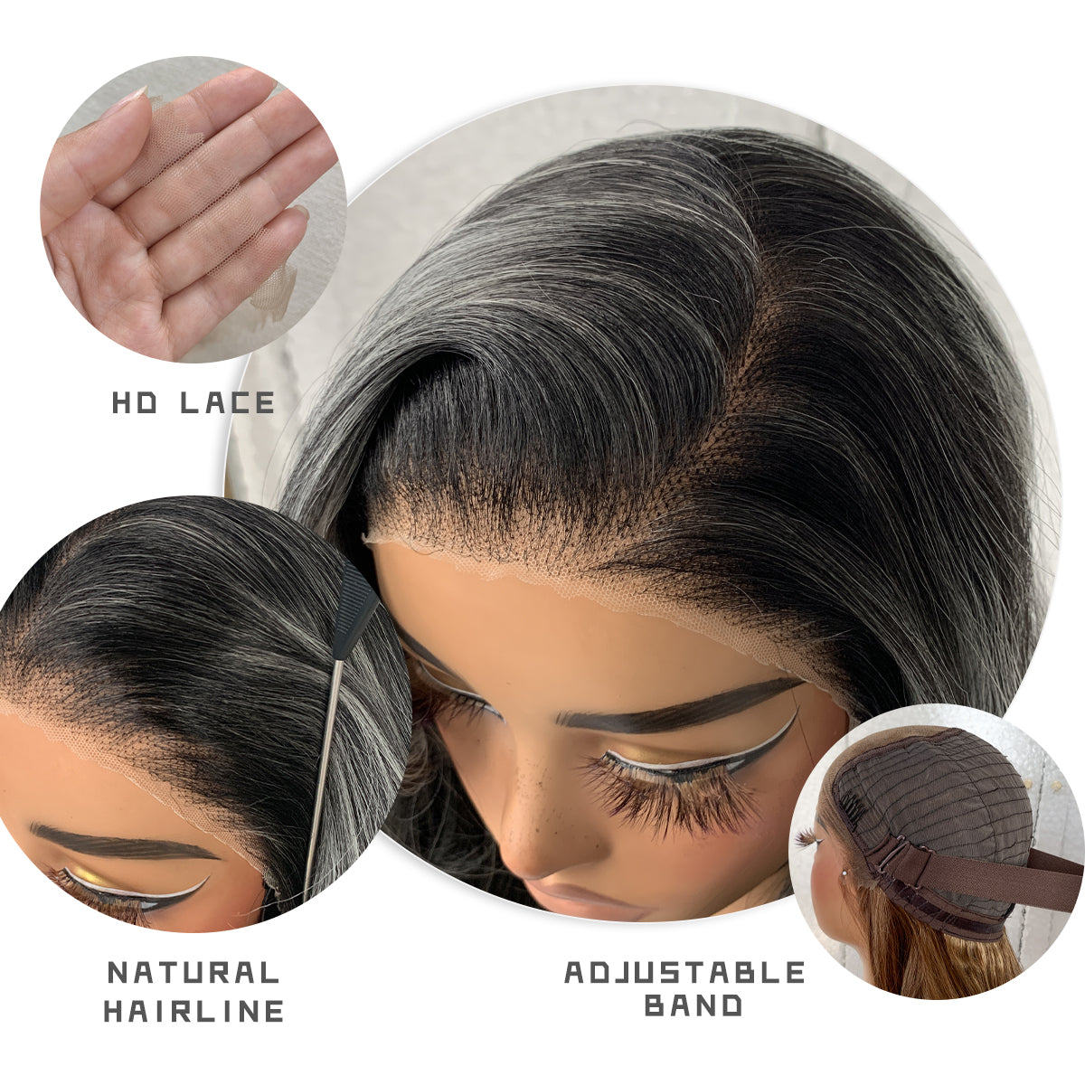 LOVSOUL Highlight Glueless Wear And Go Pre-Plucked Black And White Skunk Stripe Synthetic 13x6 Layered Voluminous Long Body Wave HD Lace Frontal Wig No Glue 32inch