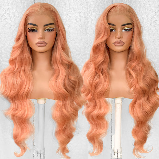 LOVSOUL Pink Blonde Wear And Go Pre-Plucked Rose Gold Synthetic 13x6 Layered Voluminous Long Body Wave HD Lace Frontal Wig No Glue 32inch