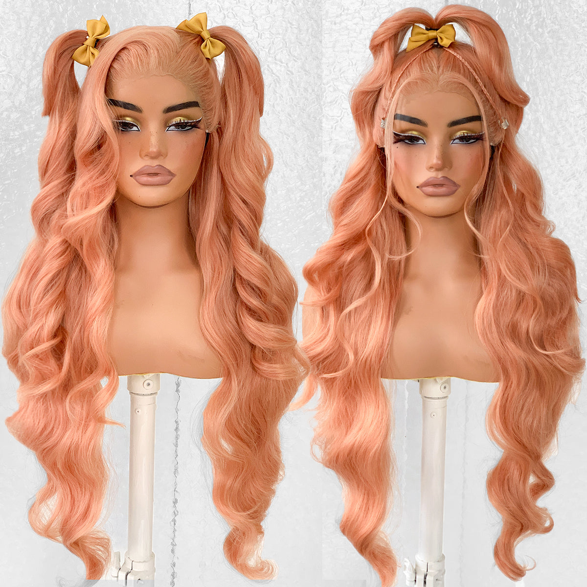LOVSOUL Pink Blonde Wear And Go Pre-Plucked Rose Gold Synthetic 13x6 Layered Voluminous Long Body Wave HD Lace Frontal Wig No Glue 32inch