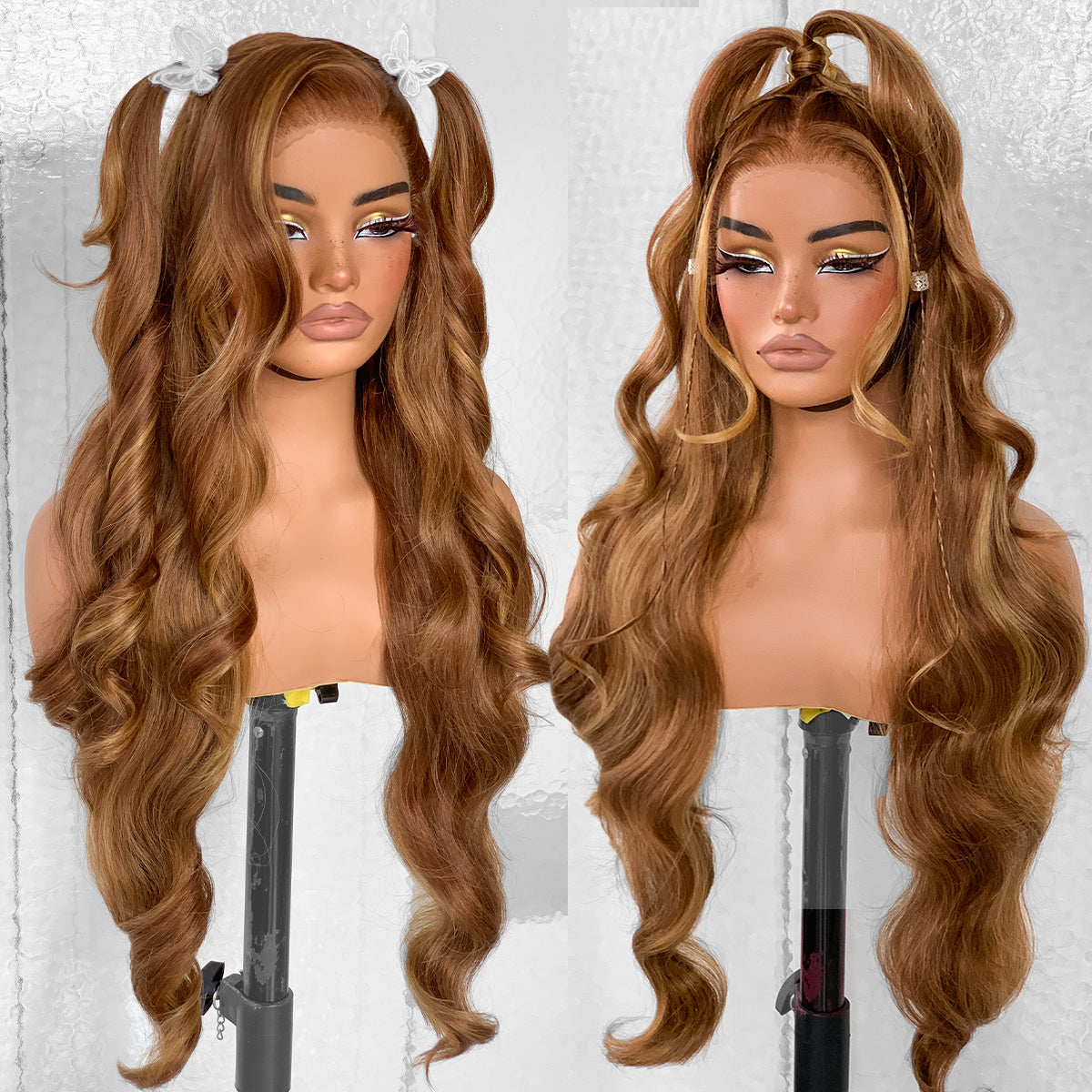 LOVSOUL Honey Blonde Highlight Glueless Wear And Go Synthetic 13x6 Layered Voluminous Long Body Wave HD Lace Frontal Wig Pre-Plucked Pre-Cut For Black Women 4/27 Sunkissed Highlight 32inch