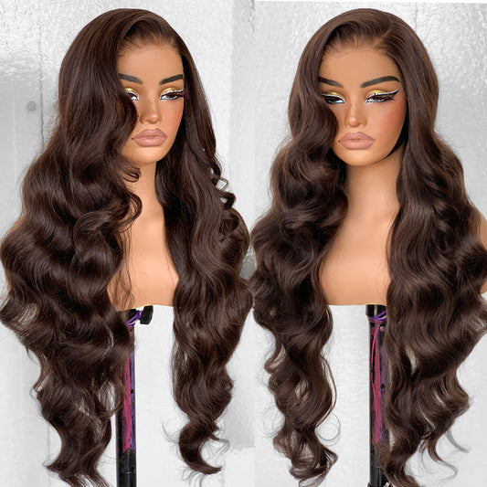 LOVSOUL Dark Brown Glueless Wear And Go HD Lace Synthetic 13x6 Layered Voluminous Long Body Wave Lace Frontal Wig Pre-Plucked No Glue Beginners Friendly 32inch