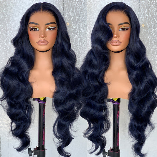 LOVSOUL Dark Blue Glueless Wear And Go HD Lace Frontal Wig Synthetic 13x6 Layered Long Body Wave Lace Front Wig Pre-Plucked No Glue Cosplay For Black Women 32inch