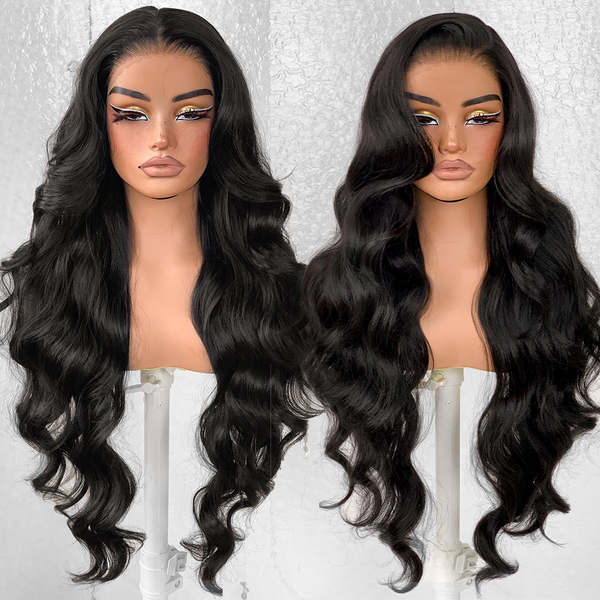 LOVSOUL Wear And Go Glueless Natural Black Pre-Plucked Synthetic 13x6 layered Voluminous Long Body Wave HD Lace Frontal Wig No Glue No Gel For Black Women 32inch