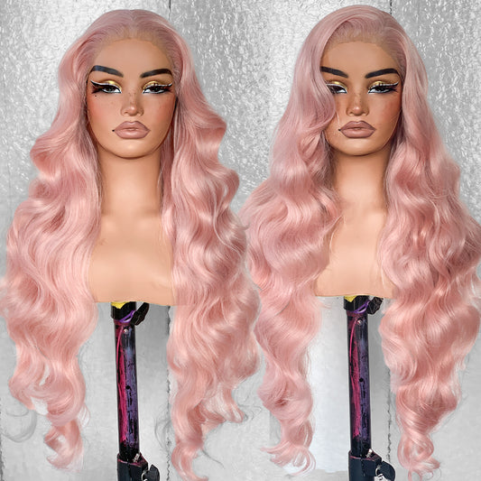 LOVSOUL Pink Glueless Wear And Go Synthetic 13x6 Layered Voluminous Long Body Wave HD Lace Frontal Wig Pre-Plucked No Glue Cosplay Beginners Friendly Pestel Pink 32inch