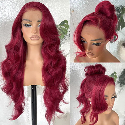 LOVSOUL 13x6 HD Glueless Lace Frontal Wigs Pre-Plucked, 200 Density 99j Burgundy Similar Human Hair Synthetic Long Body Wave Lace Front Wig Ready to Wear, 26inch #Burgundy