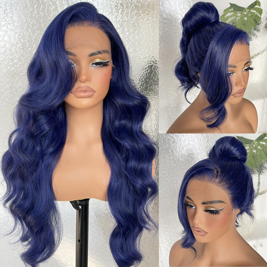 LOVSOUL 13x6 HD Glueless Lace Frontal Wigs Pre-Plucked, 200 Density Dark Blue Similar Human Hair Synthetic Long Body Wave Lace Front Wig Ready to Wear, 26inch #Dark Blue