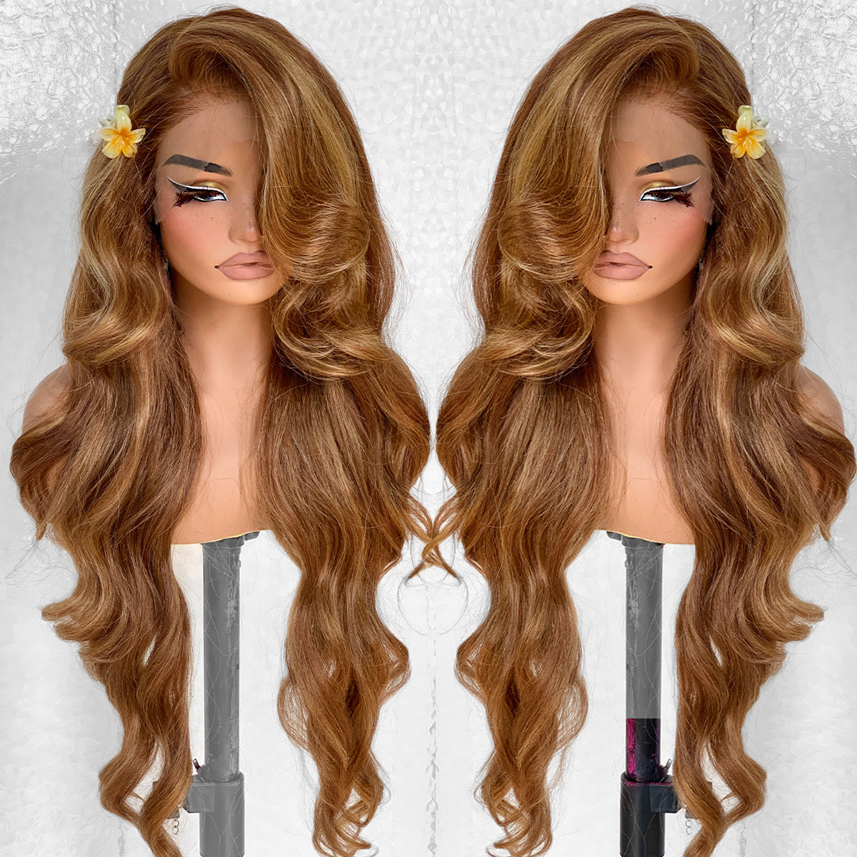 LOVSOUL Honey Blonde Highlight Glueless Wear And Go Synthetic 13x6 Layered Voluminous Long Body Wave HD Lace Frontal Wig Pre-Plucked Pre-Cut For Black Women 4/27 Sunkissed Highlight 32inch