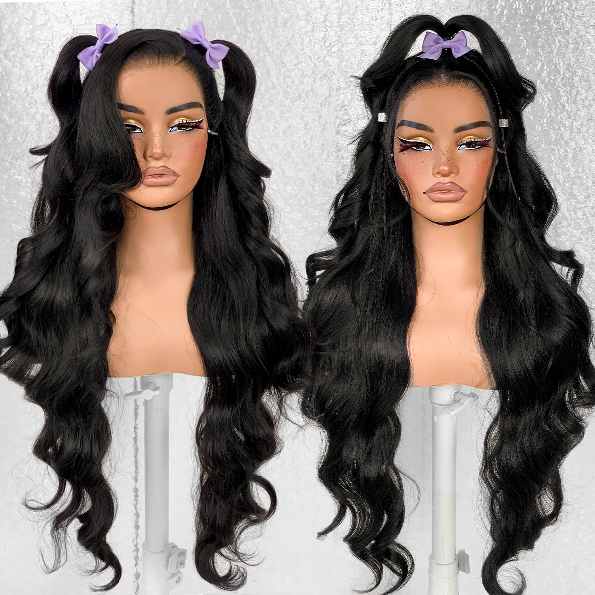 LOVSOUL Wear And Go Glueless Natural Black Pre-Plucked Synthetic 13x6 layered Voluminous Long Body Wave HD Lace Frontal Wig No Glue No Gel For Black Women 32inch