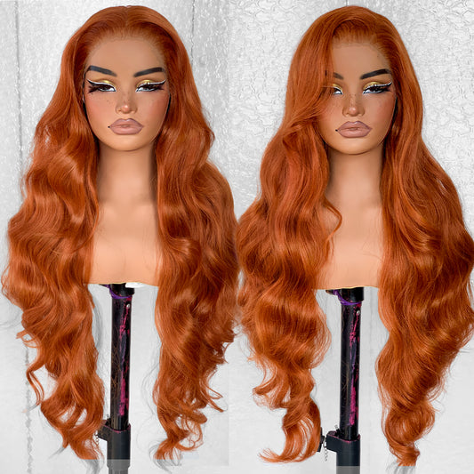 LOVSOUL Glueless Ginger Orange Wig Pre-Plucked Pre-Cut Wear And Go Synthetic 13x6 Layered Long Body Wave HD Lace Frontal Wig Beginners Friendly 32inch